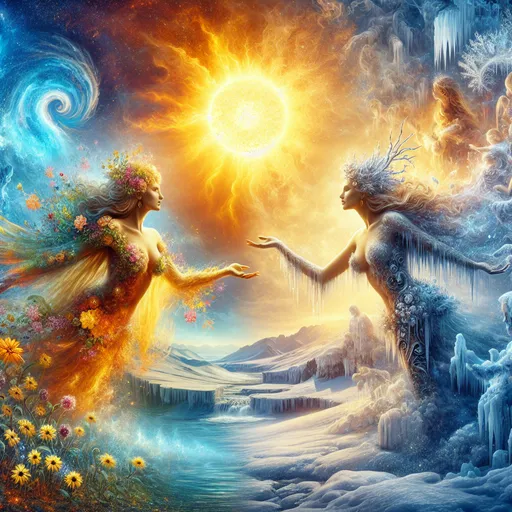 Prompt: (Goddess of Summer), (Goddess of Winter), meeting at the solstice, duality of seasons, vivid sun, warm golden tones, cool icy blues, ethereal landscape with melting snow and blooming flowers, contrasting emotional expressions, passionate warmth vs serene calm, detailed costumes representing both seasons, high-quality and ultra-detailed, cinematic atmosphere, enchanting and magical vibe.