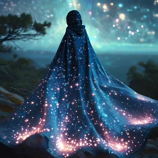 Prompt: A cloak of (infinite starlight), shimmering with celestial sparkles, draping gracefully like a waterfall of light, (ethereal glow) illuminating the surrounding space, vibrant cosmic colors blending seamlessly, rich navy and deep violet tones, set against a backdrop of (vast universe), countless stars twinkling, evoking a sense of cosmic wonder, (highly detailed), captivating depth and luminescence.