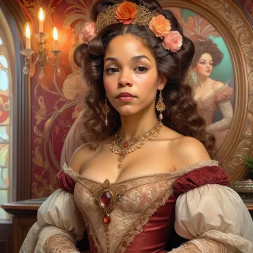 Prompt: Oil painting of an Elizabethan era biracial woman, elegantly dressed in historically accurate gowns adorned with lace, historically accurate hair, makeup and jewelry; standing in a sumptuously designed parlor; rich color tones, high detail, 4K quality.