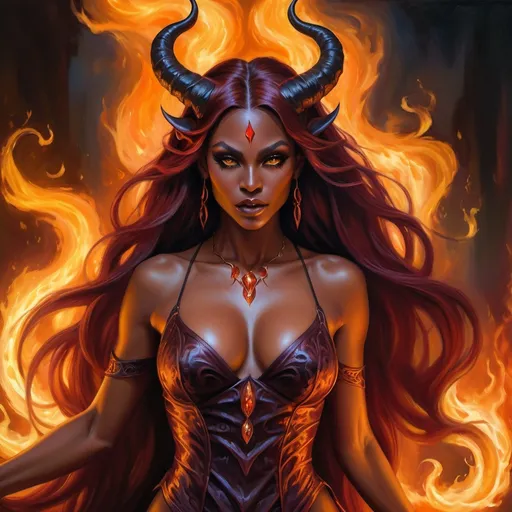 Prompt: Beautiful demoness with elegant horns and long flowing hair, rich and vibrant mahogany skin, glowing eyes, full body dynamic pose, delicate and mesmerizing features, fantasy oil painting, detailed and lifelike, fantasy, elegant, regal, vibrant colors, hellfire, high quality, atmospheric lighting, flames