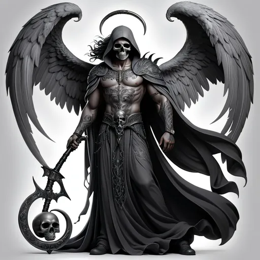 Prompt: Male Angel of death tattoo flash, (intricate design), dark and ethereal tones, (highly detailed), flowing robes, holding a scythe, winged figure, mystical aura, (bold outlines), rich textures and shading, captivating yet somber vibe, (black and gray), (4K ultra-detailed).