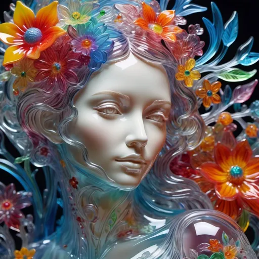 Prompt: vibrant transparent glass sculpture of a woman, intricate floral details, surreal, colorful background, high quality, detailed