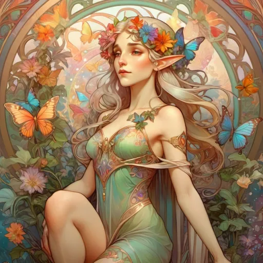 Prompt: Stunningly beautiful full body portrait of a female elf, rainbows, butterflies, floral, high def, 8k
