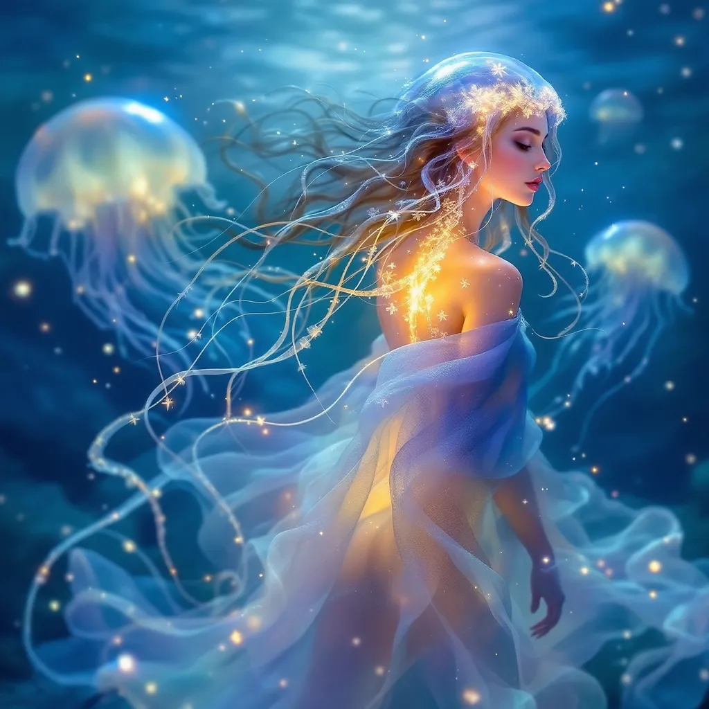 Prompt: ethereal jellyfish goddess floating in the ocean, translucent flowing robes, bioluminescent hues, graceful pose, serenely glowing tendrils, mystical oceanic background, shimmering light, dreamy atmosphere, calm and otherworldly, soft pastel colors blending with deep oceanic tones, ultra-detailed, high quality, captivating and enchanting vibe, moonlit ambiance