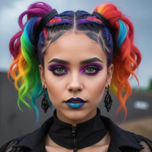 Prompt: (rainbow, mixed race goth girl),  vibrant colors, fusion of gothic and rainbow styles, striking contrast, unique hairstyle, bold makeup, expressive clothing with dark and colorful elements, moody atmosphere, soft dramatic lighting, background filled with mystical elements, (4K) ultra-detailed, captivating expression, artistic blend of emotions and aesthetic styles