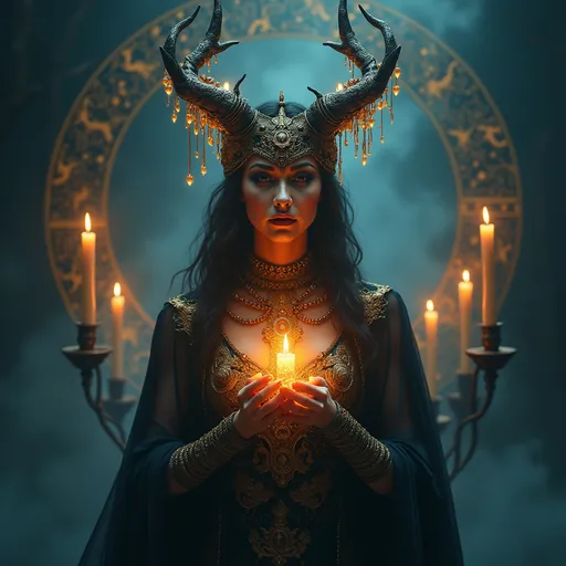 Prompt: (Hecate), mystical goddess of magic and witchcraft, ethereal, dark atmosphere, glowing candles, intricate magic symbols, (constellations in the sky), high detail, vibrant luminescence, enchanting, realistic interpretation of ancient mythology, (ultra-detailed)