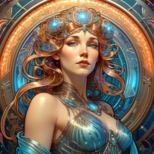 Prompt: intricate Art deco metallic goddess portrait, sparkling gown, blue eyes, metal, color, neon, ornate, intricate, flowing, neon, led, fractals, hyper-detailed, 64K, UHD, HDR, unreal engine, vivid colors