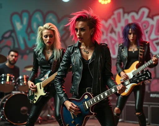 Prompt: (Female punk band performing), energetic atmosphere, dynamic pose, musicians with expressive facial features, electric guitar riffs, intense drums, punk fashion – leather jackets, colorful hair, crowd in the foreground, graffiti backdrop, urban setting, captivating stage lights, dramatic shadows, high energy, ultra-detailed, 4K quality.