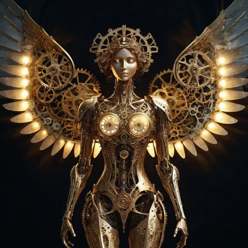 Prompt: (Clockwork angel), intricate mechanical wings, elegant gears intertwined, golden patina, ethereal glow, wisps of steam, serene expression, halo of delicate cogs, set against a dark atmospheric background, faint glimmering lights illuminating, mystical, enchanting, highly detailed, fantasy art style, invoking a sense of wonder, 4K, ultra-detailed.