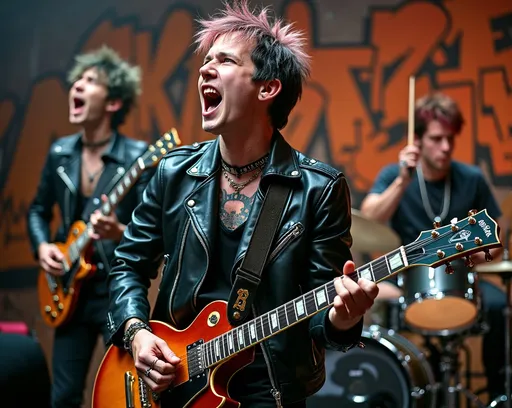 Prompt: (punk band performing), energetic atmosphere, dynamic pose, musicians with expressive facial features, electric guitar riffs, intense drums, punk fashion – leather jackets, colorful hair, crowd in the foreground, graffiti backdrop, urban setting, captivating stage lights, dramatic shadows, high energy, ultra-detailed, 4K quality.