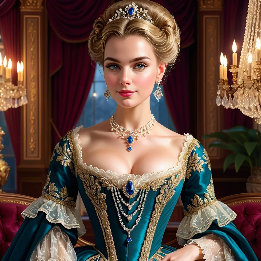 Prompt: (elegant 1600s woman), historically accurate gown, adorned with intricate lace, lavish sparkling jewelry, (soft warm lighting), standing in a beautifully designed parlor, rich color tones, opulent decor, (highly detailed textures), saturated hues, atmospheric elegance, inviting ambiance, (4K ultra-detailed), artistry that captures the essence of wealth and sophistication.