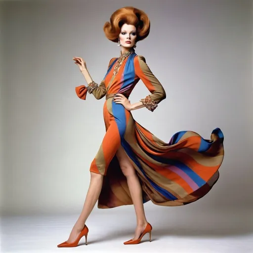 Prompt:  model in a 1970s haute couture outfit, retro hair style, elegant and sophisticated, full body pose, high heels, luxurious fabric with rich textures, vibrant and colorful, high-end fashion photography, Richard Avedon