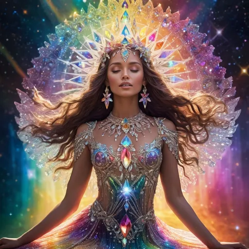 Prompt: Rainbow crystal goddess, (ethereal figure), intricate crystal dress, surrounded by shimmering rainbow crystals, (glowing aura) radiating vibrant hues of light, (magical atmosphere) enchanting and uplifting, (intricate crystal details), surrounded by a celestial background, stars twinkling faintly, (vibrant colors), illuminated with soft glows, showcasing reflections and refractions of light, (highly detailed), spellbinding expression of grace and beauty.