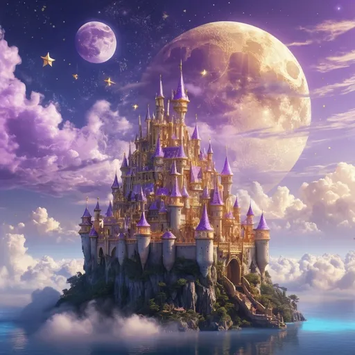 Prompt: Magical flying castle in the sky, ethereal and enchanting atmosphere, celestial light, vibrant colors, golden and lavender hues, a sea of clouds, beams of sunlight breaking through, sparkling stars and a glowing moon, immensely detailed architecture with intricate designs, floating islands surrounding the castle, ultra-detailed, 4K, fantasy 