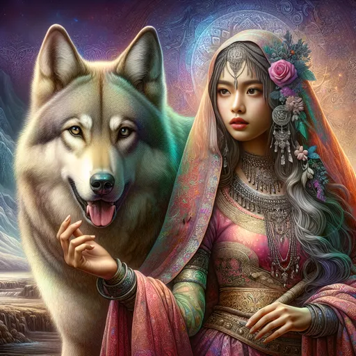 Prompt: Detailed digital painting of a maiden with a wolf protector, medieval fantasy setting, mystical ambiance, high quality, intricate design, professional, atmospheric lighting