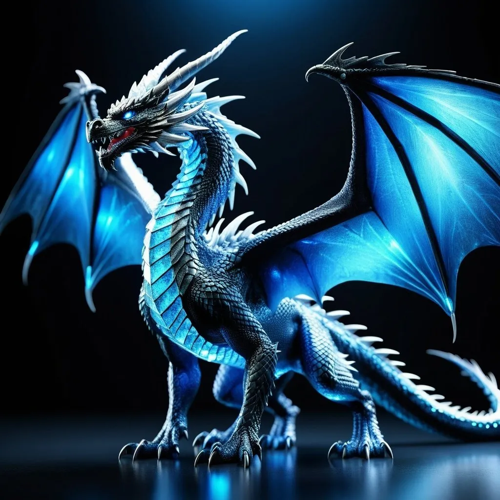 Prompt: Sapphire crystal dragon, realistic 3D rendering, majestic and powerful pose, intricate details, high quality, fantasy, cool tones, detailed scales, glowing eyes, large wingspan, ethereal atmosphere, mystical lighting