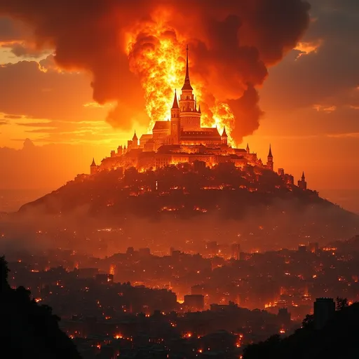 Prompt: shining city on the hill engulfed in flames, dramatic orange and crimson hues contrasting with vibrant golden light, smoky atmosphere, intense fiery glow against twilight sky, a sense of chaotic beauty, intricate architectural details distorted by heat, surreal ambiance, high-quality, 4K, ultra-detailed, emotional contrast between hope and destruction.