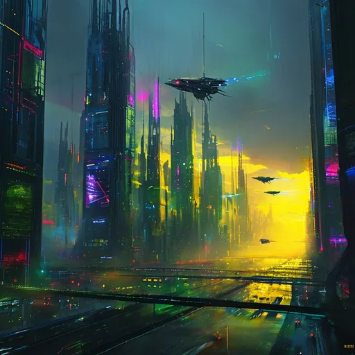 Prompt: (Dystopian futuristic cityscape), sprawling skyline, (yellow, blue, green, purple neon lights), (holographic advertisements), flying cars, (dark, moody atmosphere), (futuristic architecture), rich contrast, shadowy undertones, (4K ultra-detailed), cinematic lighting, atmospheric perspective, vibrant colors amidst darkness, immersive and chilling vibe, intricate details in architecture.