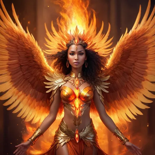 Prompt: Phoenix fire goddess, mixed race, digital painting, majestic wings engulfed in flames, radiant golden feathers, intense gaze with fiery eyes, divine aura, high quality, vibrant colors, fantasy, mystical lighting