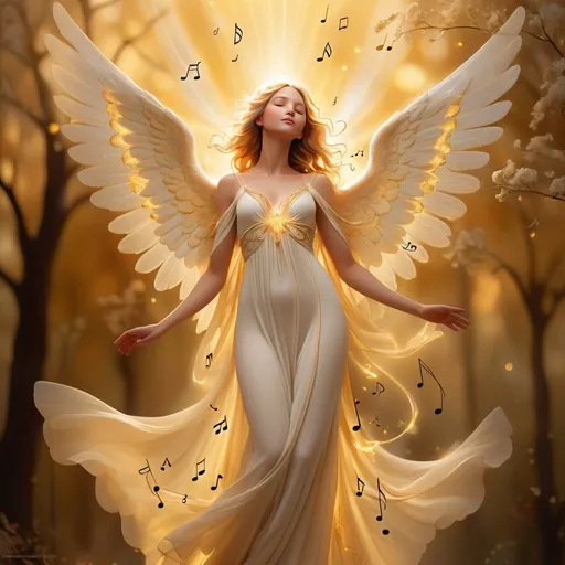 Prompt: (angel of music), ethereal figure with delicate wings, surrounded by notes and harmonies, soft radiance emanating, serene and uplifting ambiance, flowing garments with musical symbols, warm golden light illuminating a celestial background, ultra-detailed, atmospheric, conveying a sense of peace and inspiration, harmonizing with a dreamy landscape.