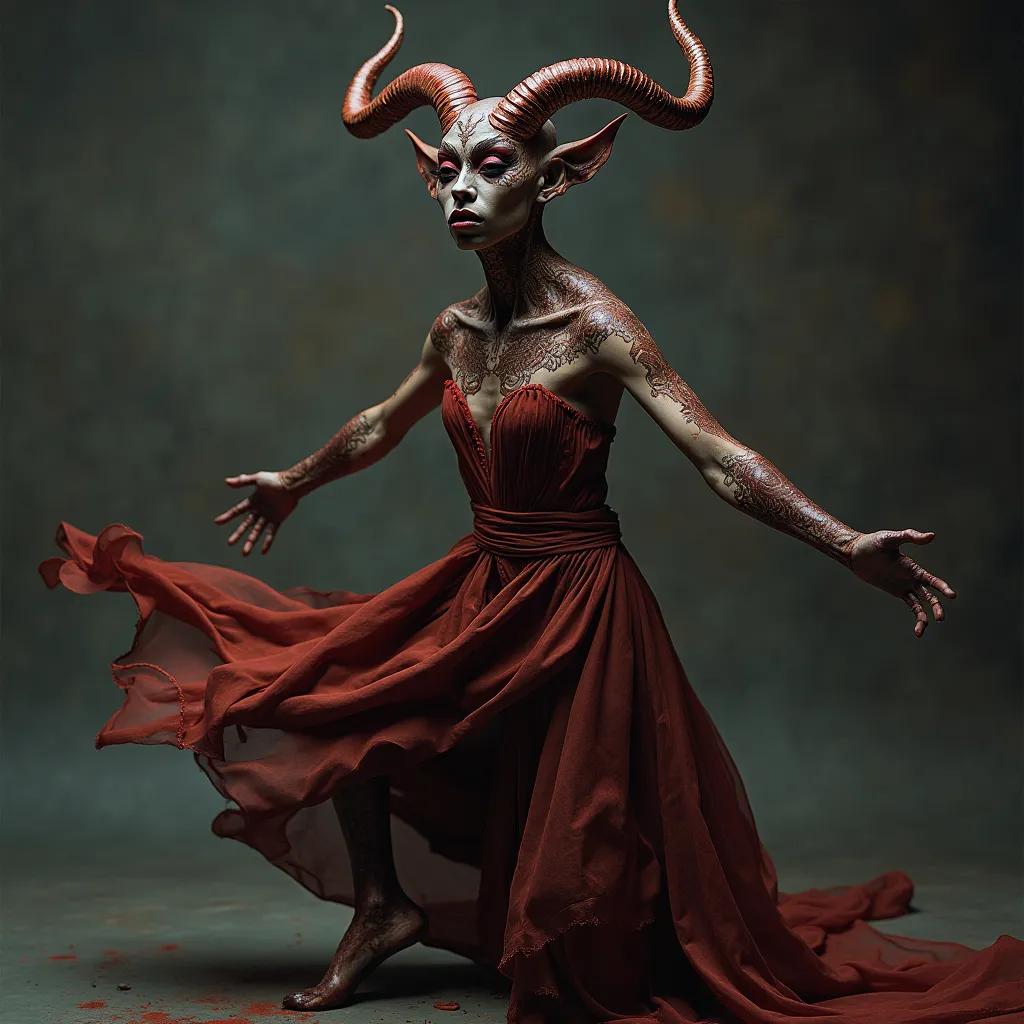 Prompt: (fashionable demon photo shoot), (Richard Avedon photographic style), high-fashion dresses, dynamic action poses, striking expressions, intricate demon features