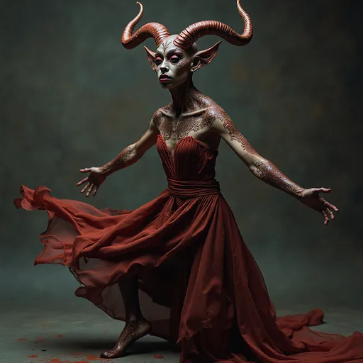 Prompt: (fashionable demon photo shoot), (Richard Avedon photographic style), high-fashion dresses, dynamic action poses, striking expressions, intricate demon features