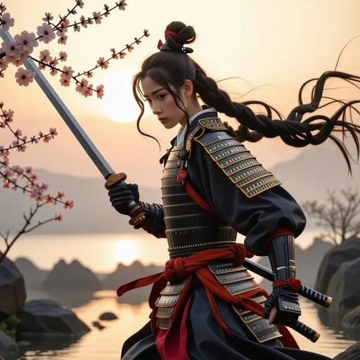 Prompt: (Female samurai), striking pose, detailed armor adorned with intricate patterns, fierce expression, dramatic flowing hair, (vibrant colors), traditional katana in hand, (dynamic composition), set against a serene Japanese landscape with cherry blossoms, the sun setting in the background, overall atmosphere: powerful and majestic, ultra-detailed, HD quality.