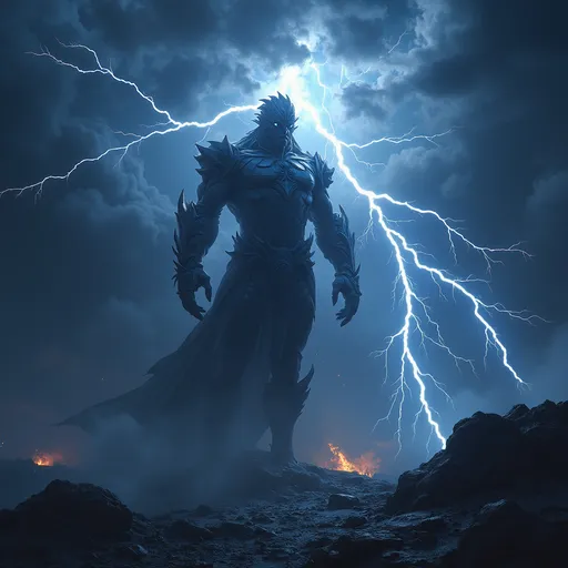 Prompt: (4K), photorealistic, celestial themed fantasy, dynamic storm scene, dark ominous clouds and vibrant lightning, the essence of "Tempest" capturing raw power, dramatic contrasts between shadows and light, immersive deep hues, epic atmosphere, mystical elements, detailed textures and dynamic action, an imposing figure embodies the fierceness of the tempest.