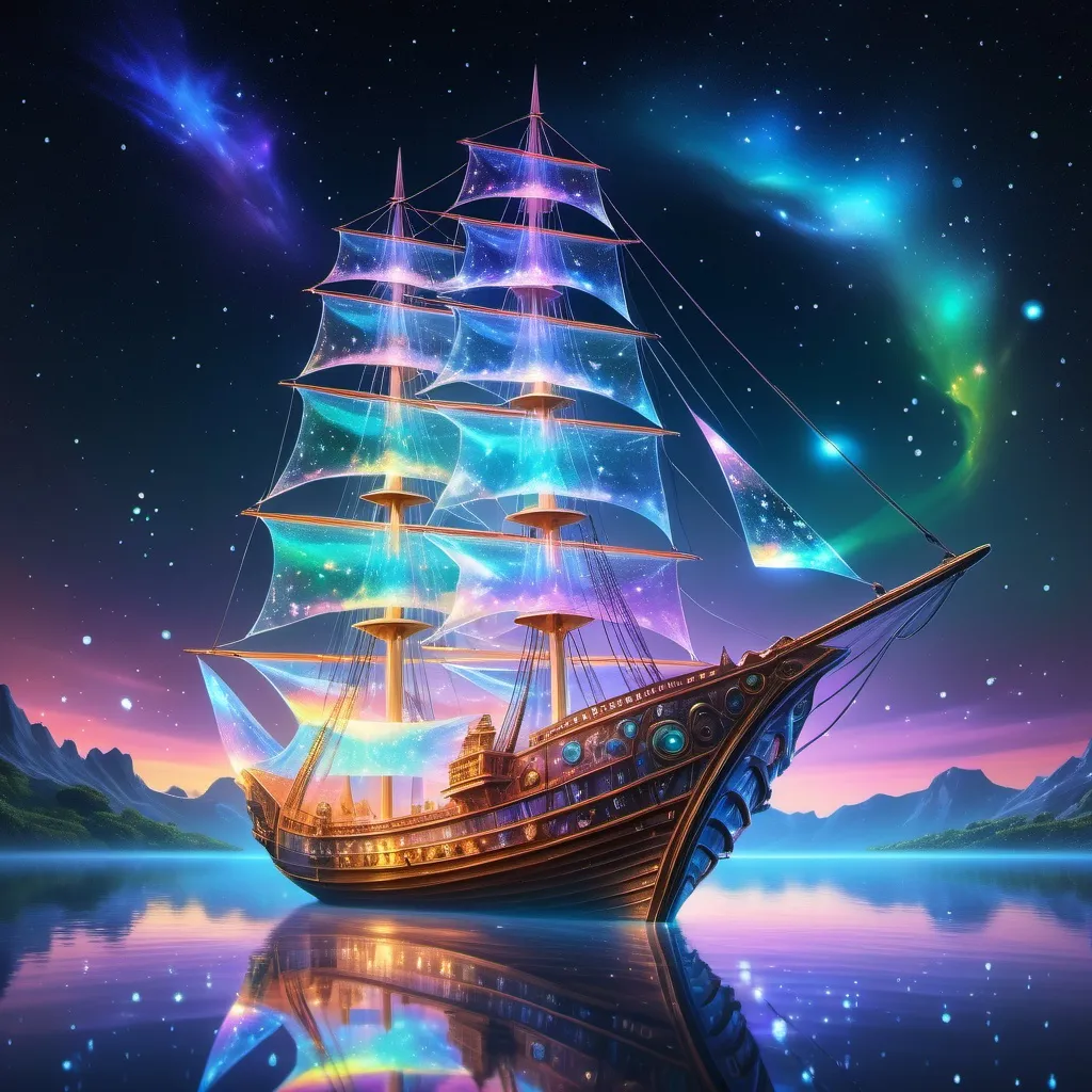 Prompt: The Crystal Ship, (ethereal and shimmering), adorned with glistening crystals, reflecting refracted light in a spectrum of colors, set against a starry night sky. Enveloped in a soft glow, (dreamlike ambiance), gently floating on serene waters, creating an enchanting atmosphere. Emphasizing high detail, 4K resolution, capturing the magic and wonder of this fantastical vessel sailing through a mystical realm.