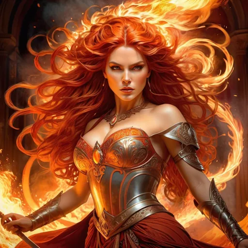 Prompt: Full body detailed action portrait of a raging fire queen, detailed face, UHD, intense fiery atmosphere, flowing fiery hair, fierce expression, burning, dynamic pose, powerful energy, high quality, detailed portrait, fantasy, fire, intense gaze, royal attire, fierce warrior, dramatic lighting