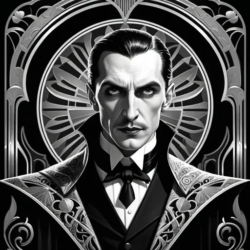 Prompt: Dracula in art deco style, elegant and intricate designs, vintage black and white, retro Hollywood glamour, high contrast, elegant and detailed, art deco, vintage, monochrome, dramatic lighting