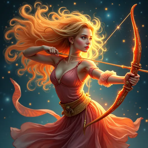 Prompt: (Female Sagittarius energy), dynamic, adventurous spirit, vibrant colors, warm tones, playful confidence, celestial motifs, star patterns surrounding, bold imagery, high-quality, ultra-detailed, a backdrop of constellations, with fiery elements representing enthusiasm and freedom, capturing the essence of exploration and positivity.