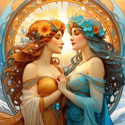 Prompt: (Goddess of Summer), (Goddess of Winter), meeting at the solstice, duality of seasons, vivid sun, warm golden tones, cool icy blues, ethereal landscape with melting snow and blooming flowers, contrasting emotional expressions, passionate warmth vs serene calm, detailed costumes representing both seasons, high-quality and ultra-detailed, cinematic atmosphere, enchanting and magical vibe.