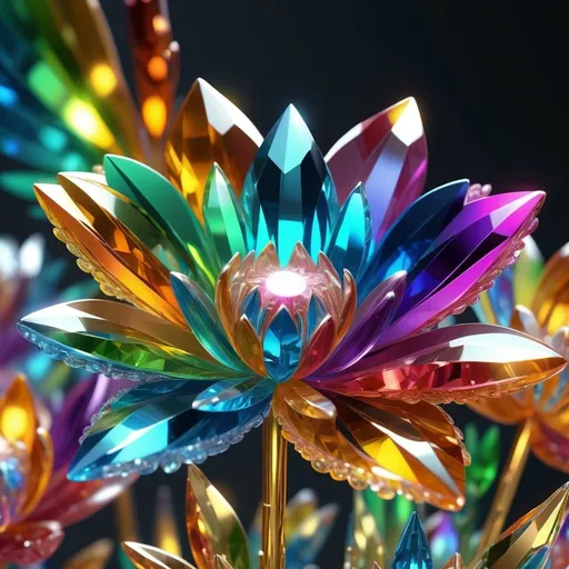 Prompt: (captivating rainbow crystal flowers), vibrant, sparkling colors, intricate and reflective facets, delicate petal shapes, shimmering light patterns, magical ambiance, blending nature and gem-like aesthetics, high detail, ultra-detailed, 4K resolution