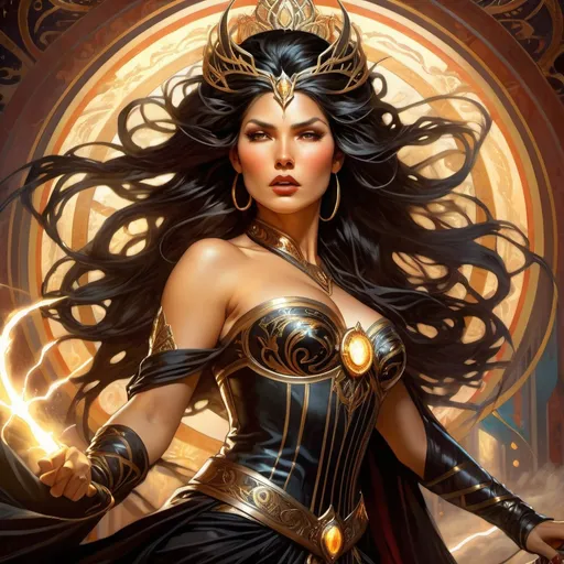 Prompt: Full body detailed action portrait of a lightening queen, detailed face, UHD, intense atmosphere, flowing black hair, fierce expression, electric , dynamic pose, powerful energy, high quality, detailed portrait, fantasy, lightening, intense gaze, royal attire, fierce warrior, dramatic lighting