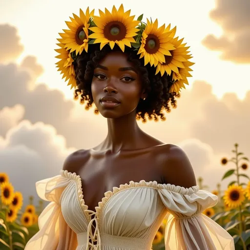 Prompt: (breathtaking Sun goddess), divine radiance, ethereal beauty, majestic presence, golden light illuminating the surroundings, floral crown adorned with sunflowers, flowing gown that resembles sunrays, celestial aura, vibrant colors, warm and inviting, serene expression, surrounded by clouds of warm pastel hues, tranquil atmosphere, sundrenched landscape, high detail, 4K quality.