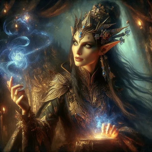 Prompt: Highly-detailed oil painting of a female evil elf wizard queen, dynamic pose, regal attire, mystical setting, summoning magic, dark tones, atmospheric lighting