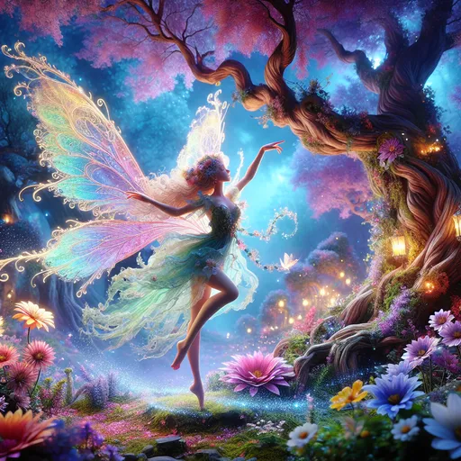 Prompt: (dancing fairy), (whimsical atmosphere), magical glimmers, soft glowing lights, (enchanted forest), vibrant colors, delicate wings fluttering, ethereal vibe, graceful poses, surrounded by flowers and sparkling dust, enchanting moonlight filtering through trees, dreamy ambiance, high detail, 4K, captivating and joyful scene, vivid portrayal of whimsy and fantasy.