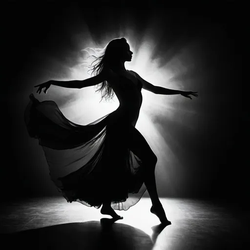 Prompt: Dramatic, mystical dance performance in the dark, silhouette of flowing movements, low-light atmosphere, high contrast, fine art, professional photography, mysterious, elegant, expressive poses, captivating shadow play, black and white, high quality, high contrast, mystical, elegant, expressive, professional photography, fine art, low-light atmosphere
