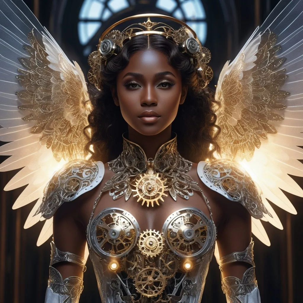 Prompt: (Clockwork angel), dark skin,  intricate mechanical wings, elegant gears intertwined, clockwork clothing and shoes, ethereal glow, wisps of steam, serene expression, halo of delicate cogs, well lit, faint glimmering lights illuminating, mystical, enchanting, highly detailed, fantasy art style, invoking a sense of wonder, 4K, ultra-detailed.