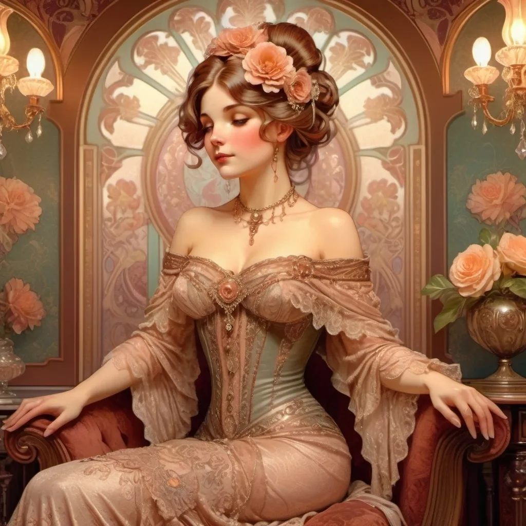 Prompt: (Victorian lady), elegantly dressed in intricate layered gowns, adorned with lace and frills, vintage jewelry sparkling under soft, warm lighting, standing in a lavishly designed parlor; the background features plush furniture and ornate wallpaper with floral patterns, atmosphere is romantic and nostalgic, rich color tones, high detail, 4K quality.