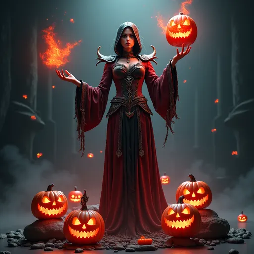 Prompt: (video game 3d model, female necromancer), (dynamic pose), Halloween-themed costume, swirling spirits and ghostly apparitions around, Jack o lanterns, mystical energy radiating, dark and eerie atmosphere, (Diablo Immortal style), high detail, ultra-HD