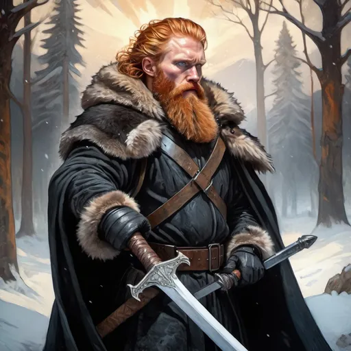 Prompt: Tormund from Game of Thrones wielding a massive sword, realistic oil painting, fierce expression, detailed fur cloak, snowy landscape, high contrast lighting, high quality, realistic, dramatic lighting, intense atmosphere