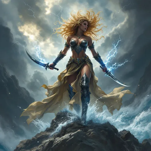 Prompt: Envision a powerful female tempest, her silhouette dynamic and fierce, standing atop a craggy cliff with stormy skies swirling, she is holding two curved daggers that crackle with blue electricity ,She wears intricately detailed armor. Her blonde curly hair, wild and whipped by the wind, flows like a cascade of tempestuous sea,  A banner with the word “Trini” Accurately spelled is above her