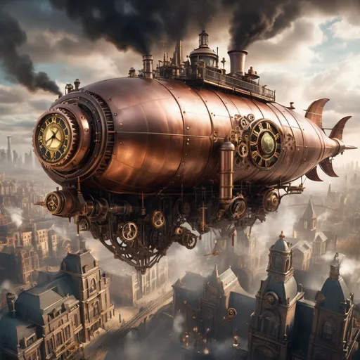 Prompt: Airship soaring above a clockwork city, steampunk aesthetic, intricate gears and cogs, brass and copper materials, industrial Victorian style, detailed metalwork, smoky atmosphere, towering skyscrapers, epic aerial view, highres, steampunk, detailed gears, atmospheric lighting, Victorian style, industrial materials, smoky atmosphere, epic aerial view
