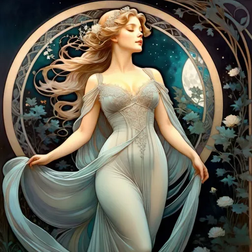 Prompt: Elegant woman walking in a moonlit garden, classical oil painting, flowing gown with intricate lace details, ethereal and graceful movement, moonlit shadows, high quality, classical art, graceful beauty, moonlit garden, oil painting, flowing gown, lace details, ethereal movement, moonlit shadows, classical, elegant, soft lighting