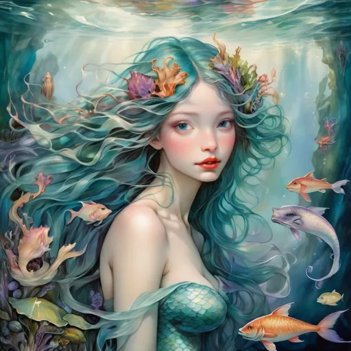 Prompt: Mermaids (fantastical creatures), inspired by Brian Froud’s whimsical style, vibrant colors, ethereal atmosphere, lush underwater scenery, detailed scales and flowing hair, intricate ocean flora and fauna