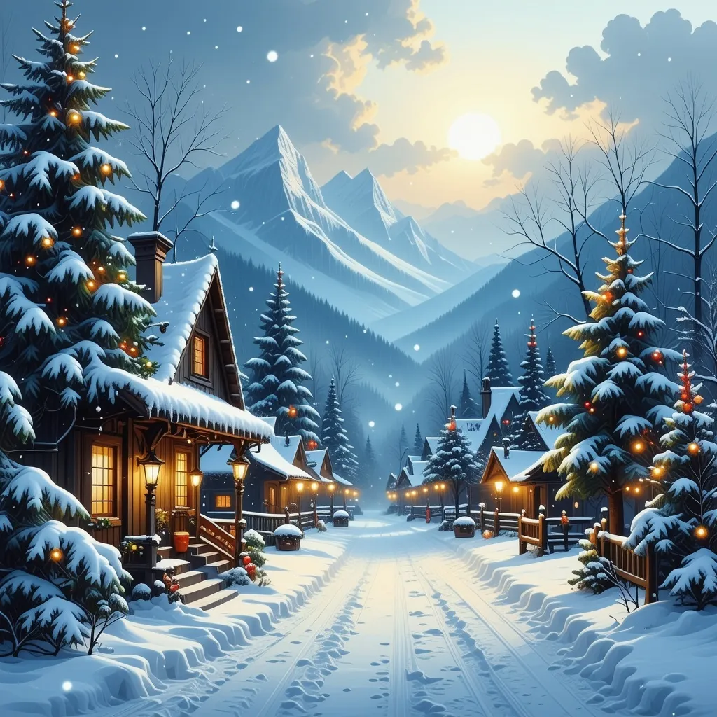 Prompt: (Christmas card design), intricate snowflakes, cozy winter scene with falling snow, a cheerful holiday ambiance, stunning visual elements that convey warmth and joy, ultra-detailed, pleasing composition, high-quality greeting card illustration, inviting atmosphere