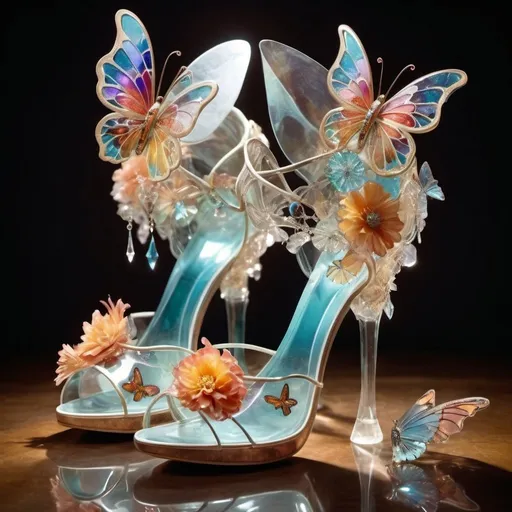 Prompt: Experimental glass shoes, avant-garde, high-concept, cutting edge, unconventional textures and materials, crystals, butterflies, flowers, professional lighting, high quality photography 