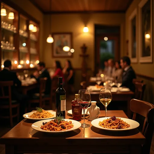 Prompt: (Scenes from an Italian restaurant), cozy ambiance, warm candlelight, rustic wooden tables, delicious pasta dishes displayed, red and white wine, romantic atmosphere, patrons enjoying their meals, soft classic Italian music, detailed table settings, olive oil bottles, artfully arranged desserts, ultra-detailed, vibrant warm colors, HD quality, cinematic depth.